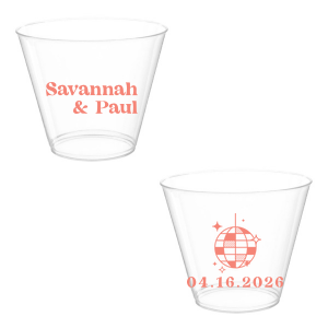 This Retro Wedding Disco Ball Cup features bold lettering of the couple’s names paired with a retro disco ball illustration and event date on the reverse for a party-ready vibe. Grab a set to keep drinks flowing and guests dancing all night. Spot-on for wedding receptions and dance-floor celebrations.