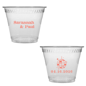 This Retro Wedding Disco Ball Cup features bold lettering of the couple’s names paired with a retro disco ball illustration and event date on the reverse for a party-ready vibe. Grab a set to keep drinks flowing and guests dancing all night. Spot-on for wedding receptions and dance-floor celebrations.