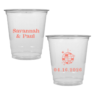 This Retro Wedding Disco Ball Cup features bold lettering of the couple’s names paired with a retro disco ball illustration and event date on the reverse for a party-ready vibe. Grab a set to keep drinks flowing and guests dancing all night. Spot-on for wedding receptions and dance-floor celebrations.