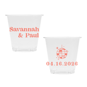 This Retro Wedding Disco Ball Cup features bold lettering of the couple’s names paired with a retro disco ball illustration and event date on the reverse for a party-ready vibe. Grab a set to keep drinks flowing and guests dancing all night. Spot-on for wedding receptions and dance-floor celebrations.