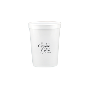 The Elegant Swirl Script Names Cup showcases the couple’s names in a fancy, swirling script, elegantly intertwined for a sophisticated touch. Stacked artistically, this design radiates elegance, adding a uniquely graceful accent to any celebration.