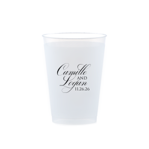 The Elegant Swirl Script Names Cup showcases the couple’s names in a fancy, swirling script, elegantly intertwined for a sophisticated touch. Stacked artistically, this design radiates elegance, adding a uniquely graceful accent to any celebration.