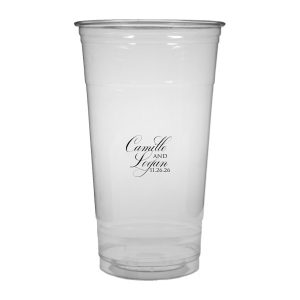 The Elegant Swirl Script Names Cup showcases the couple’s names in a fancy, swirling script, elegantly intertwined for a sophisticated touch. Stacked artistically, this design radiates elegance, adding a uniquely graceful accent to any celebration.
