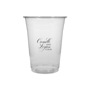 The Elegant Swirl Script Names Cup showcases the couple’s names in a fancy, swirling script, elegantly intertwined for a sophisticated touch. Stacked artistically, this design radiates elegance, adding a uniquely graceful accent to any celebration.