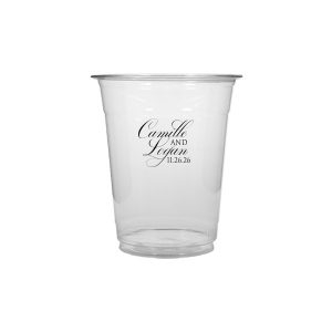 The Elegant Swirl Script Names Cup showcases the couple’s names in a fancy, swirling script, elegantly intertwined for a sophisticated touch. Stacked artistically, this design radiates elegance, adding a uniquely graceful accent to any celebration.