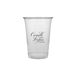 The Elegant Swirl Script Names Cup showcases the couple’s names in a fancy, swirling script, elegantly intertwined for a sophisticated touch. Stacked artistically, this design radiates elegance, adding a uniquely graceful accent to any celebration.