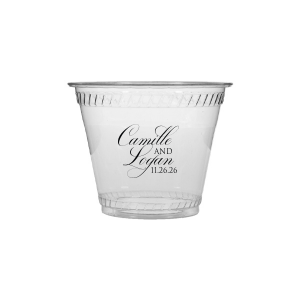 The Elegant Swirl Script Names Cup showcases the couple’s names in a fancy, swirling script, elegantly intertwined for a sophisticated touch. Stacked artistically, this design radiates elegance, adding a uniquely graceful accent to any celebration.