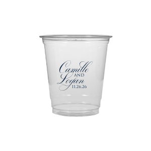 The Elegant Swirl Script Names Cup showcases the couple’s names in a fancy, swirling script, elegantly intertwined for a sophisticated touch. Stacked artistically, this design radiates elegance, adding a uniquely graceful accent to any celebration.