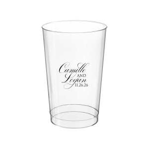 The Elegant Swirl Script Names Cup showcases the couple’s names in a fancy, swirling script, elegantly intertwined for a sophisticated touch. Stacked artistically, this design radiates elegance, adding a uniquely graceful accent to any celebration.