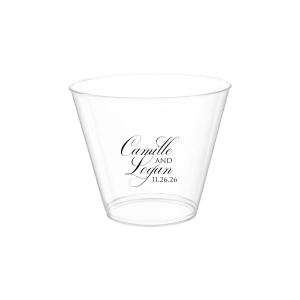 The Elegant Swirl Script Names Cup showcases the couple’s names in a fancy, swirling script, elegantly intertwined for a sophisticated touch. Stacked artistically, this design radiates elegance, adding a uniquely graceful accent to any celebration.