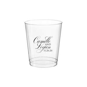 The Elegant Swirl Script Names Cup showcases the couple’s names in a fancy, swirling script, elegantly intertwined for a sophisticated touch. Stacked artistically, this design radiates elegance, adding a uniquely graceful accent to any celebration.