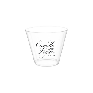 The Elegant Swirl Script Names Cup showcases the couple’s names in a fancy, swirling script, elegantly intertwined for a sophisticated touch. Stacked artistically, this design radiates elegance, adding a uniquely graceful accent to any celebration.