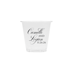 The Elegant Swirl Script Names Cup showcases the couple’s names in a fancy, swirling script, elegantly intertwined for a sophisticated touch. Stacked artistically, this design radiates elegance, adding a uniquely graceful accent to any celebration.