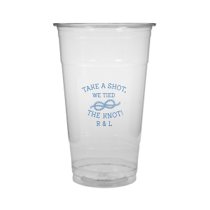 Personalized Matte Slate Gray Ink Plastic Cup with Matte Slate Gray Ink Screen Print has a Knot graphic and is good for use in Wedding themed parties and can be personalized to match your party's exact theme and tempo.