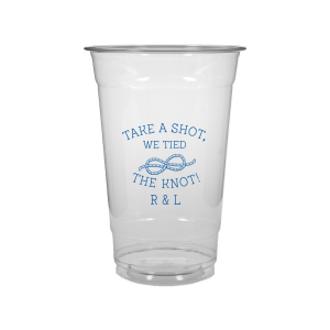 Personalized Matte Slate Gray Ink Plastic Cup with Matte Slate Gray Ink Screen Print has a Knot graphic and is good for use in Wedding themed parties and can be personalized to match your party's exact theme and tempo.