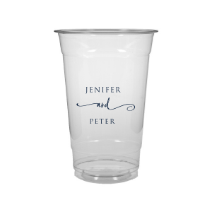 The Elegant Union Cup displays the couple's names, neatly stacked with artistic flair. A flowing flourish artistically intertwines the word 'and', adding a touch of whimsy. This design beautifully balances simplicity with a hint of fancy, making it a charming personalized detail for any event.