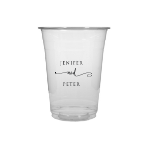 The Elegant Union Cup displays the couple's names, neatly stacked with artistic flair. A flowing flourish artistically intertwines the word 'and', adding a touch of whimsy. This design beautifully balances simplicity with a hint of fancy, making it a charming personalized detail for any event.