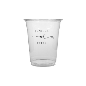 The Elegant Union Cup displays the couple's names, neatly stacked with artistic flair. A flowing flourish artistically intertwines the word 'and', adding a touch of whimsy. This design beautifully balances simplicity with a hint of fancy, making it a charming personalized detail for any event.