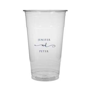 The Elegant Union Cup displays the couple's names, neatly stacked with artistic flair. A flowing flourish artistically intertwines the word 'and', adding a touch of whimsy. This design beautifully balances simplicity with a hint of fancy, making it a charming personalized detail for any event.