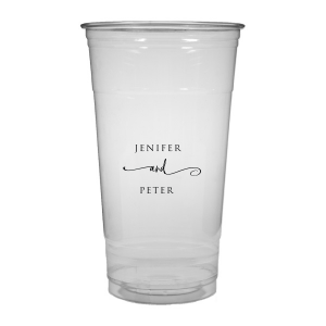 The Elegant Union Cup displays the couple's names, neatly stacked with artistic flair. A flowing flourish artistically intertwines the word 'and', adding a touch of whimsy. This design beautifully balances simplicity with a hint of fancy, making it a charming personalized detail for any event.