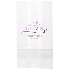 Gift with heart using the Whimsical With Love Bag, where 'with' dances in playful script above a bold 'LOVE.' A delicate flourish adds grace, and the couple's names with the event date bring a personal touch to this charming token of affection.