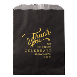 Express heartfelt gratitude with the Thank You For Bag adorned with a graceful, flourished 'Thank You' above the couple's details in a modern block script. Ideal for parting gifts, this bag embodies appreciation, making every farewell memorable.