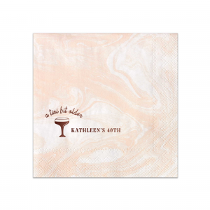 Embrace the whimsy with the A Tini Bit Older Birthday Napkin, featuring a chic, hand-drawn martini glass. The phrase "A tini bit older," scripted above the illustration, brings a playful note to the celebration. Customize beside the glass with your name and the milestone birthday in a classic serif font, adding a personal and stylish twist to your festivities.