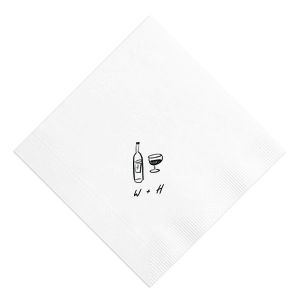 Infuse your celebration with the refined simplicity of the Vino Duo Sketch Napkin. This minimal yet trendy design features a hand-drawn wine glass and bottle, capturing the essence of a good time. Below, add a personalized touch with your initials in a handwritten-style font, perfect for toasting to love and life at a wedding, engagement party, or birthday gathering.