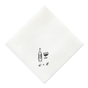 Infuse your celebration with the refined simplicity of the Vino Duo Sketch Napkin. This minimal yet trendy design features a hand-drawn wine glass and bottle, capturing the essence of a good time. Below, add a personalized touch with your initials in a handwritten-style font, perfect for toasting to love and life at a wedding, engagement party, or birthday gathering.