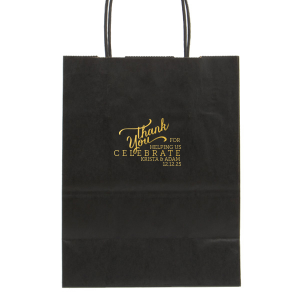 Express heartfelt gratitude with the Thank You For Bag adorned with a graceful, flourished 'Thank You' above the couple's details in a modern block script. Ideal for parting gifts, this bag embodies appreciation, making every farewell memorable.