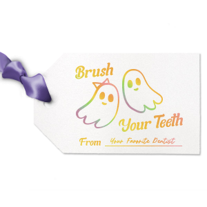 Elevate your Halloween party accessories with the Groovy Halloween Tag. Featuring two adorable ghosts, you can personalize with your name. Add it to a trick or treat bag or cookie bag for an unforgettable personalized detail. 