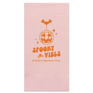 Embrace those spooky vibes with our Spooky Vibes Napkin! This custom Halloween party decor will elevate any event. Featuring a graphic of a pumpkin disco ball, bat, a skull, and sparkles, this napkin is ready to party.