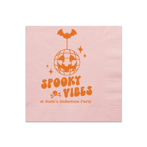 Embrace those spooky vibes with our Spooky Vibes Napkin! This custom Halloween party decor will elevate any event. Featuring a graphic of a pumpkin disco ball, bat, a skull, and sparkles, this napkin is ready to party.
