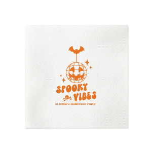 Embrace those spooky vibes with our Spooky Vibes Napkin! This custom Halloween party decor will elevate any event. Featuring a graphic of a pumpkin disco ball, bat, a skull, and sparkles, this napkin is ready to party.