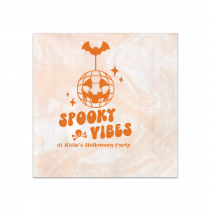 Embrace those spooky vibes with our Spooky Vibes Napkin! This custom Halloween party decor will elevate any event. Featuring a graphic of a pumpkin disco ball, bat, a skull, and sparkles, this napkin is ready to party.