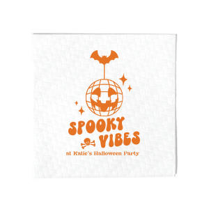 Embrace those spooky vibes with our Spooky Vibes Napkin! This custom Halloween party decor will elevate any event. Featuring a graphic of a pumpkin disco ball, bat, a skull, and sparkles, this napkin is ready to party.