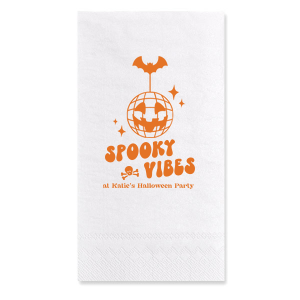 Embrace those spooky vibes with our Spooky Vibes Napkin! This custom Halloween party decor will elevate any event. Featuring a graphic of a pumpkin disco ball, bat, a skull, and sparkles, this napkin is ready to party.