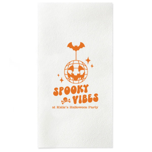 Embrace those spooky vibes with our Spooky Vibes Napkin! This custom Halloween party decor will elevate any event. Featuring a graphic of a pumpkin disco ball, bat, a skull, and sparkles, this napkin is ready to party.