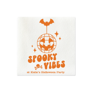 Embrace those spooky vibes with our Spooky Vibes Napkin! This custom Halloween party decor will elevate any event. Featuring a graphic of a pumpkin disco ball, bat, a skull, and sparkles, this napkin is ready to party.