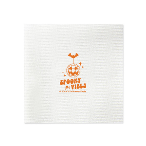 Embrace those spooky vibes with our Spooky Vibes Napkin! This custom Halloween party decor will elevate any event. Featuring a graphic of a pumpkin disco ball, bat, a skull, and sparkles, this napkin is ready to party.