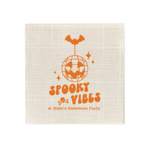 Embrace those spooky vibes with our Spooky Vibes Napkin! This custom Halloween party decor will elevate any event. Featuring a graphic of a pumpkin disco ball, bat, a skull, and sparkles, this napkin is ready to party.