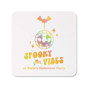 Custom Halloween decor will take your event up a notch! Celebrate the season with the Spooky Vibes Coaster. You can personalize with your name below a modern pumpkin disco design. 