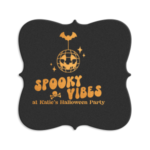 Custom Halloween decor will take your event up a notch! Celebrate the season with the Spooky Vibes Coaster. You can personalize with your name below a modern pumpkin disco design. 