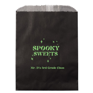 Delight in the fright with the Spooky Sweets Personalized Halloween Bag, emblazoned with "Spooky Sweets" amidst twinkling stars. Below, add a personal touch with your name, class details for school festivities, or specifics for a hauntingly fun Halloween party. The perfect companion for a night of ghoulish gathering and treats.