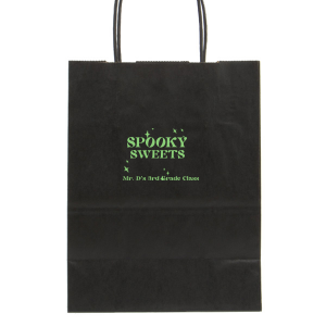 Delight in the fright with the Spooky Sweets Personalized Halloween Bag, emblazoned with "Spooky Sweets" amidst twinkling stars. Below, add a personal touch with your name, class details for school festivities, or specifics for a hauntingly fun Halloween party. The perfect companion for a night of ghoulish gathering and treats.