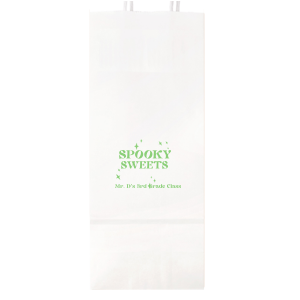 Delight in the fright with the Spooky Sweets Personalized Halloween Bag, emblazoned with "Spooky Sweets" amidst twinkling stars. Below, add a personal touch with your name, class details for school festivities, or specifics for a hauntingly fun Halloween party. The perfect companion for a night of ghoulish gathering and treats.