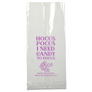 Spooky season is upon us, and the Hocus Pocus Focus Bag is ideal for your Halloween parties or school events. Featuring the phrase "hocus pocus I need candy to focus" above a graphic of candy, you can personalize with your name and fill with the candy of your choice!