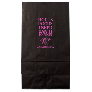 Spooky season is upon us, and the Hocus Pocus Focus Bag is ideal for your Halloween parties or school events. Featuring the phrase "hocus pocus I need candy to focus" above a graphic of candy, you can personalize with your name and fill with the candy of your choice!