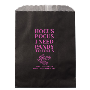 Spooky season is upon us, and the Hocus Pocus Focus Bag is ideal for your Halloween parties or school events. Featuring the phrase "hocus pocus I need candy to focus" above a graphic of candy, you can personalize with your name and fill with the candy of your choice!