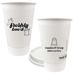 Fill the Freshly Boo'd Cup with the spooky drinks of your choice! Perfect for enjoying coffee while you are passing out Halloween candy or having fun at an office party. It features ghost graphics and a space to personalize with your name. 